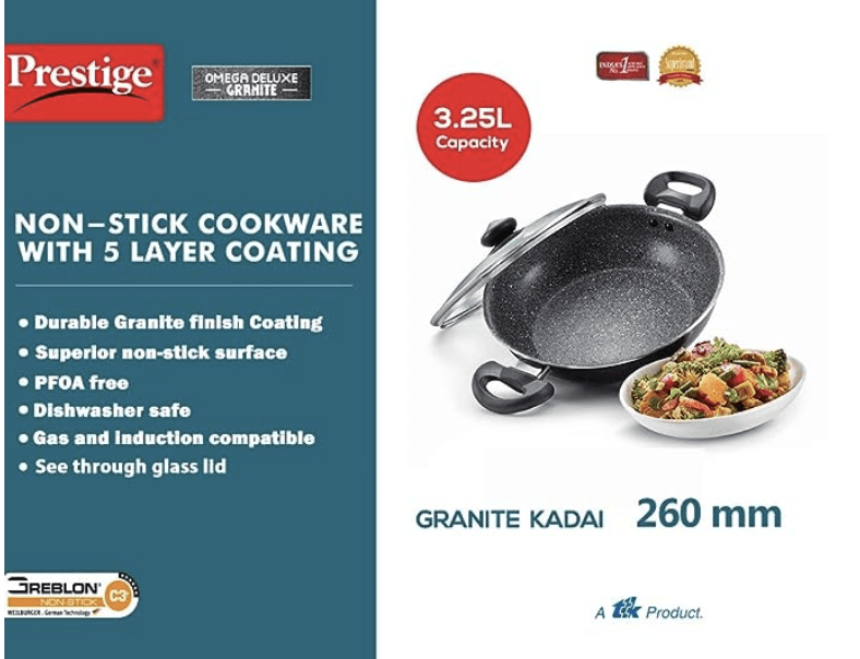 Prestige Omega Deluxe Granite Non-stick Round Base Kadai (Black)