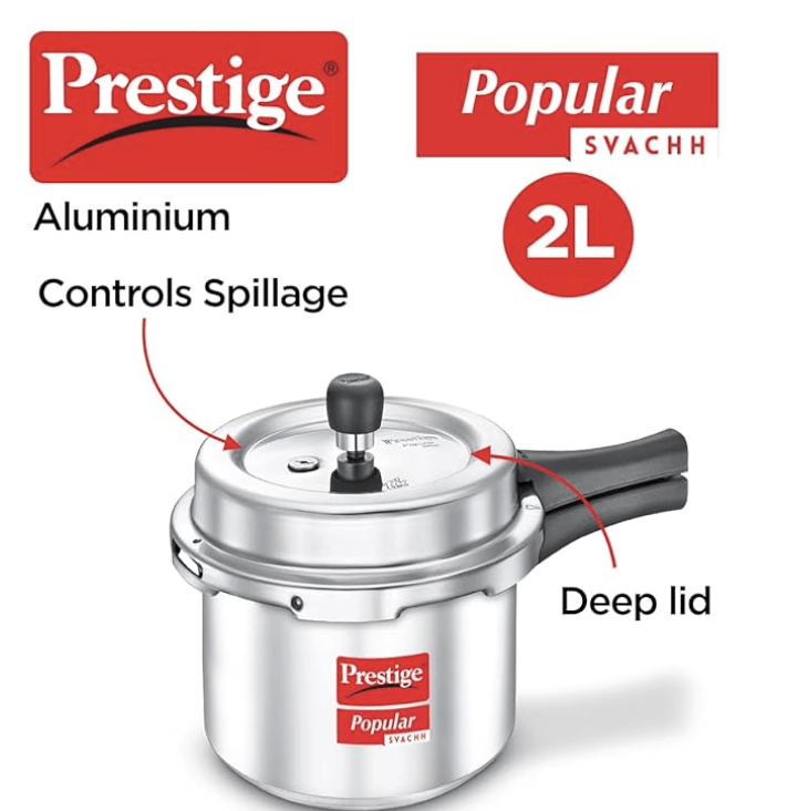 Prestige Popular Svachh Aluminium Outer Lid Pressure Cooker (Tall), 2.0 Litre - Silver, Medium (10163)