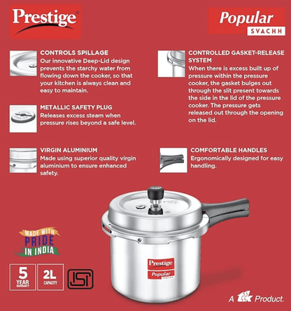 Prestige Popular Svachh Aluminium Outer Lid Pressure Cooker (Tall), 2.0 Litre - Silver, Medium (10163)