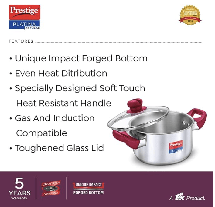 Prestige Platina Popular Stainless Steel Unique Impact Forged Bottom Casserole with Glass Lid - Silver