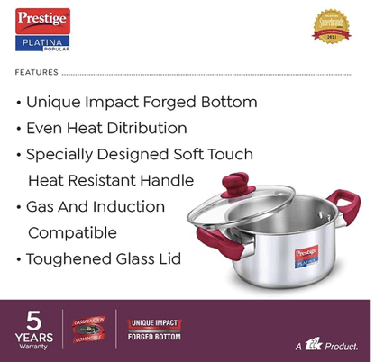 Prestige Platina Popular Stainless Steel Unique Impact Forged Bottom Casserole with Glass Lid - Silver