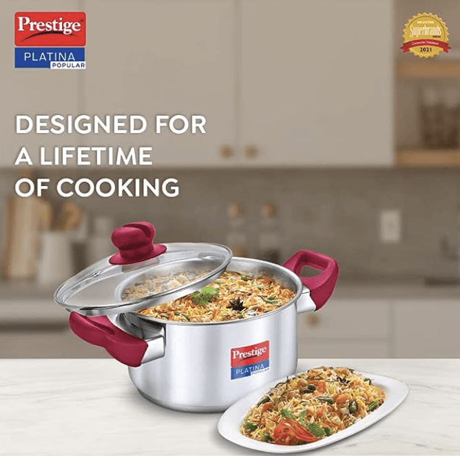 Prestige Platina Popular Stainless Steel Unique Impact Forged Bottom Casserole with Glass Lid - Silver