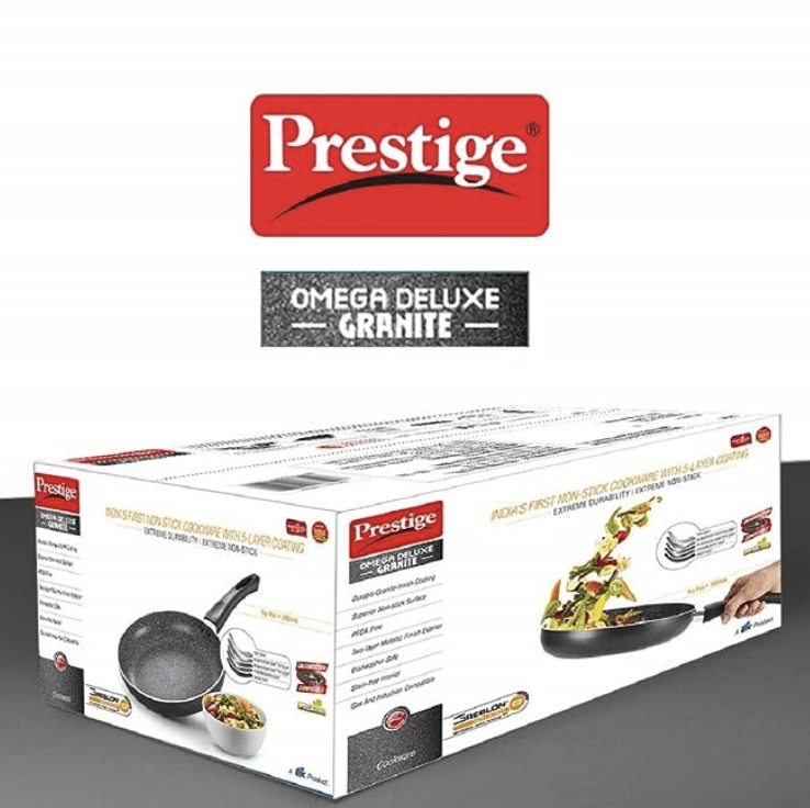 Prestige Non-Stick Omega Deluxe Granite Fry Pan | 24 Centimetre | Black | Induction Base | 5 Layer Non-Stick Cookware | Dishwasher Safe | 2-Layer Metallic Finish Visit the Prestige Store