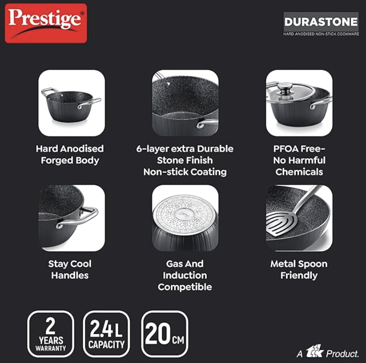 Prestige Durastone Hard Anodised 6 Layer Non-Stick Casserole with Glass Lid, (Black)-3
