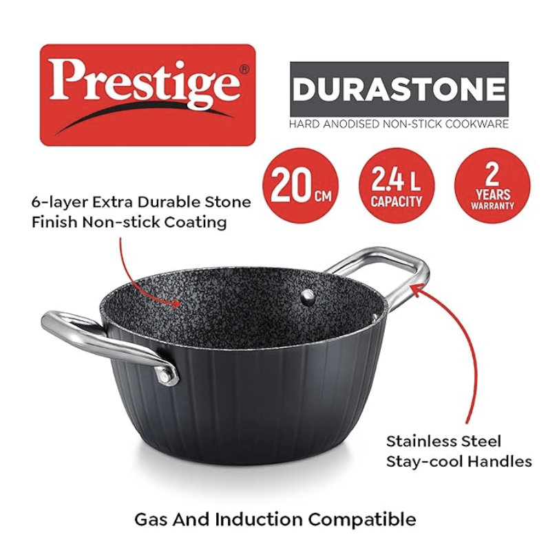 Prestige Durastone Hard Anodised 6 Layer Non-Stick Casserole with Glass Lid, (Black)
