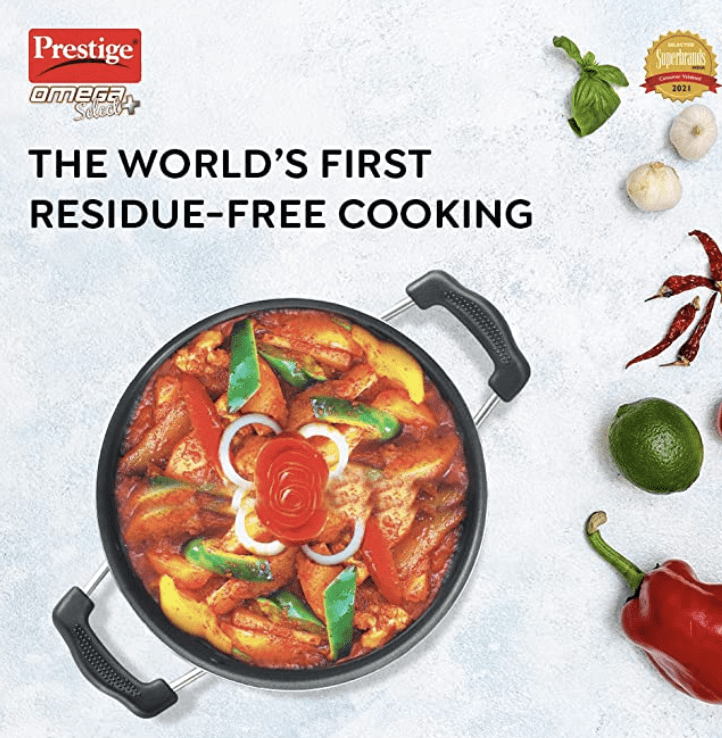 Prestige Omega Select Plus Aluminium Flat Base Non-Stick Coating Kadai with SS Lid, (Black)-3