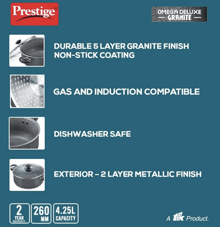 Prestige Omega Deluxe Granite Non-stick Round Base Sauce Pan with Glass Lid (Black)