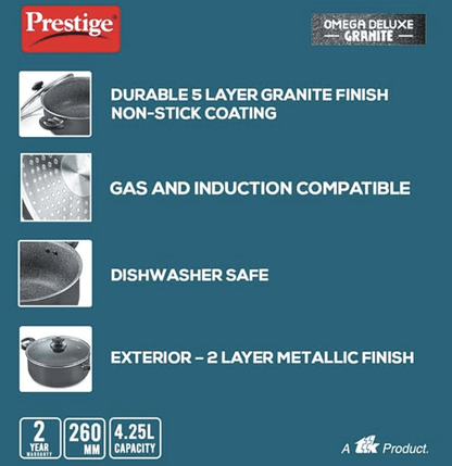 Prestige Omega Deluxe Granite Non-stick Round Base Sauce Pan with Glass Lid (Black)