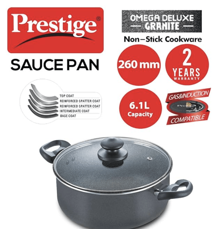 Prestige Omega Deluxe Granite Non-stick Round Base Sauce Pan with Glass Lid (Black)