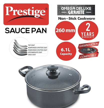 Prestige Omega Deluxe Granite Non-stick Round Base Sauce Pan with Glass Lid (Black)