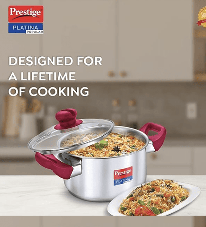 Prestige Platina Popular Stainless Steel Gas and Induction Compatible Casserole with Glass Lid, 240 mm, 5.5 Litre