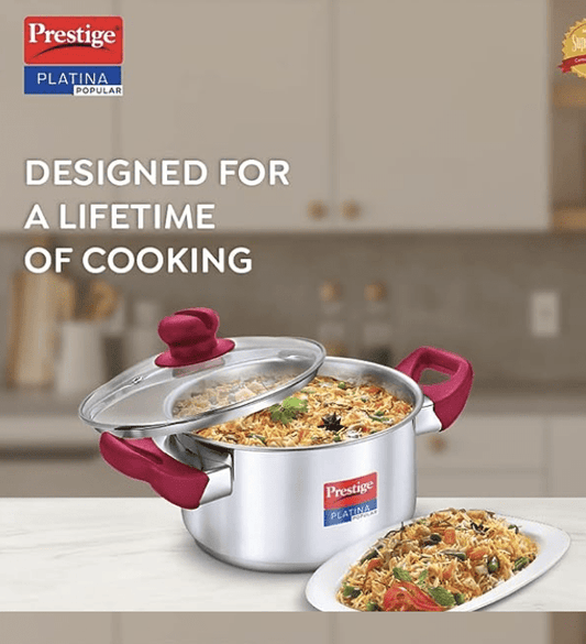 Prestige Platina Popular Stainless Steel Gas and Induction Compatible Casserole with Glass Lid, 240 mm, 5.5 Litre