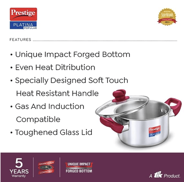 Prestige Platina Popular Stainless Steel Gas and Induction Compatible Casserole with Glass Lid, 240 mm, 5.5 Litre