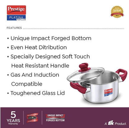 Prestige Platina Popular Stainless Steel Gas and Induction Compatible Casserole with Glass Lid, 240 mm, 5.5 Litre