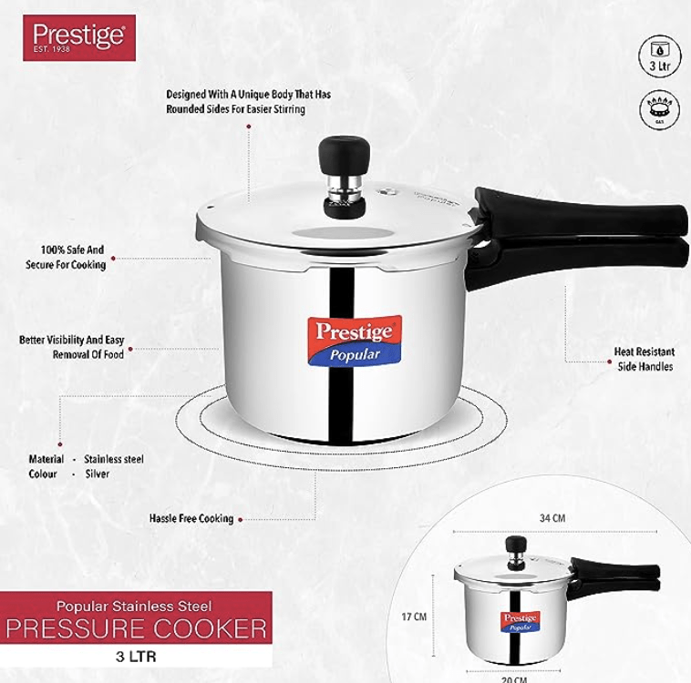 Prestige Popular Stainless Steel Outer Lid Pressure Cooker, 3 Litres, Silver
