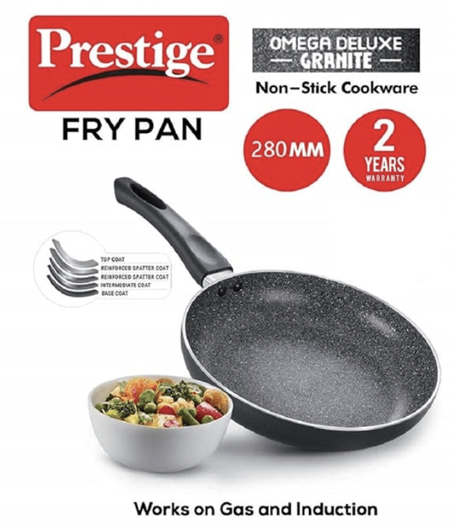 Prestige Omega Deluxe Granite Non-Stick Round Base Fry Pan, 28cm - 3L |Metal Spoon Friendly |Aluminium|Durable Granite Finish|Black