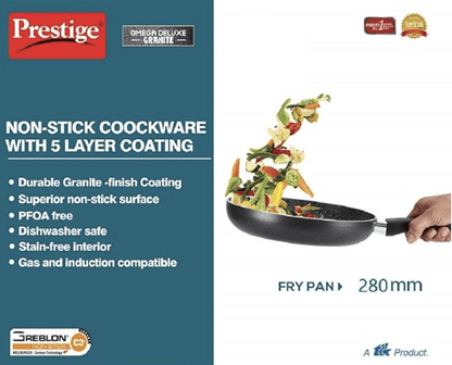 Prestige Omega Deluxe Granite Non-Stick Round Base Fry Pan, 28cm - 3L |Metal Spoon Friendly |Aluminium|Durable Granite Finish|Black