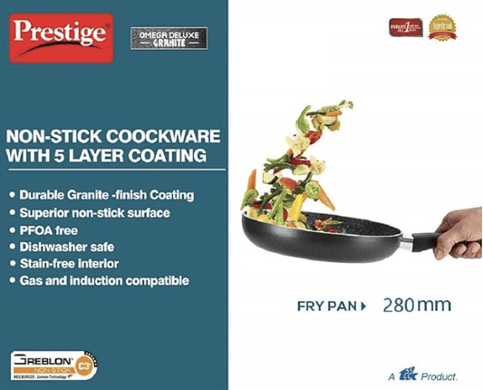 Prestige Omega Deluxe Granite Non-Stick Round Base Fry Pan, 28cm - 3L |Metal Spoon Friendly |Aluminium|Durable Granite Finish|Black