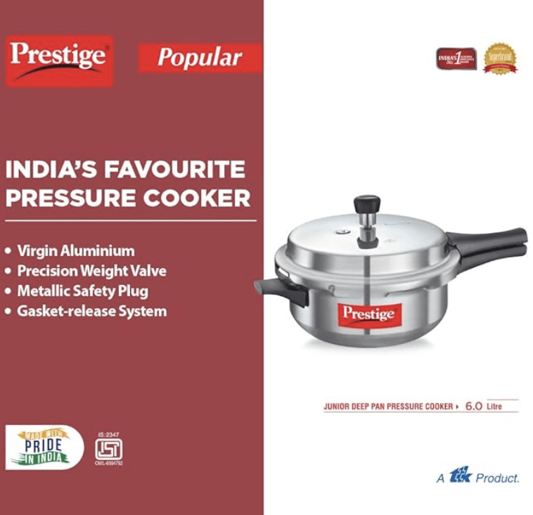 Prestige Popular Virgin Aluminium Senior Deep Pan Outer Lid Pressure Cooker, 6 L (Silver)
