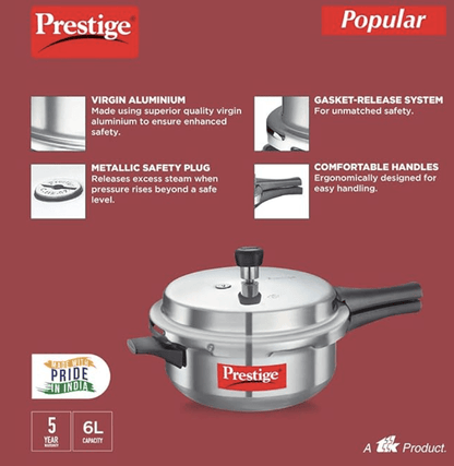 Prestige Popular Virgin Aluminium Senior Deep Pan Outer Lid Pressure Cooker, 6 L (Silver)