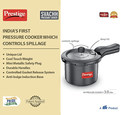 Prestige Svachh 3 Litre Outer Lid Pressure Cooker With Hard Anodized Aluminium Body (Black), 3 Liter