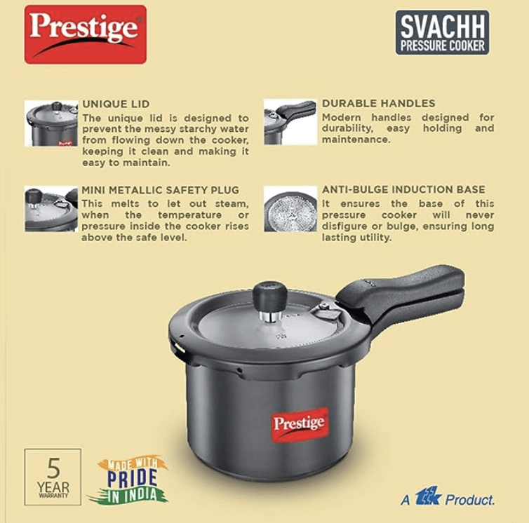 Prestige Svachh 3 Litre Outer Lid Pressure Cooker With Hard Anodized Aluminium Body (Black), 3 Liter-3