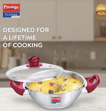 Prestige Platina Popular Stainless Steel Gas and Induction Compatible Kadai with Glass Lid, 260 mm