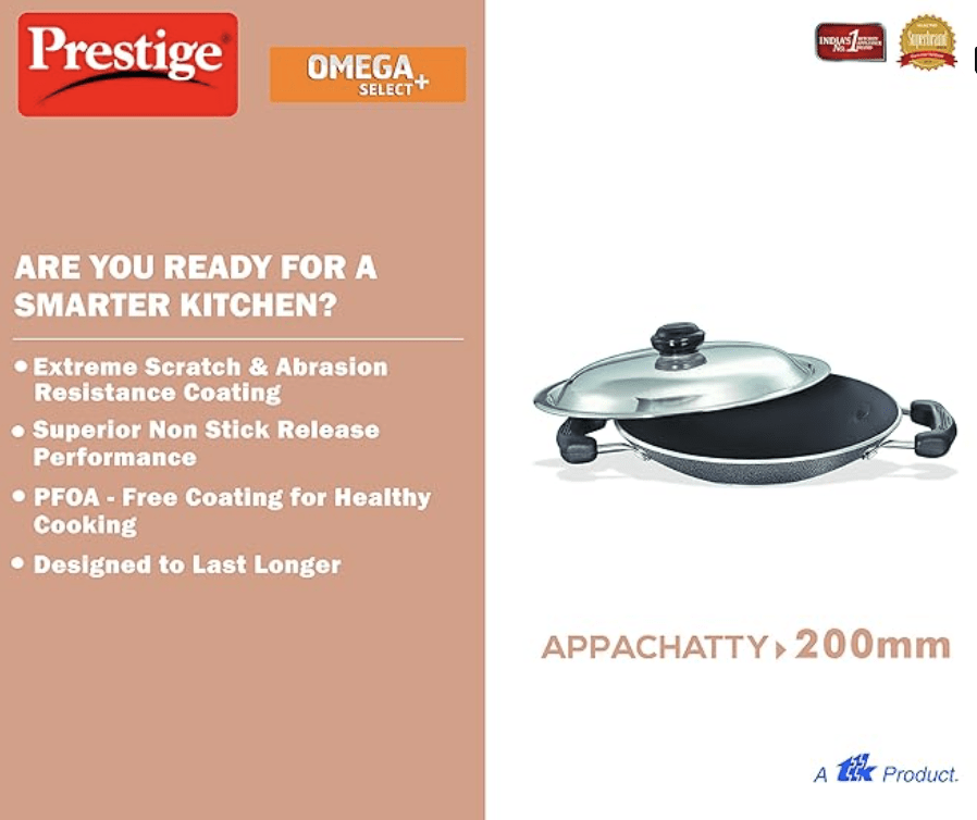 Prestige Omega Select Plus Non-Stick Deep Appachetty with Lid | Black | 20 cm | Residue Free | Scratch Resistant | Comfortable Grip | Spoon Friendly