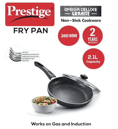 Prestige Non-Stick Omega Deluxe Granite Fry Pan with Lid | 26 Centimetre | Black | Induction Base | 5 Layer Non-Stick Cookware | Dishwasher Compatible
