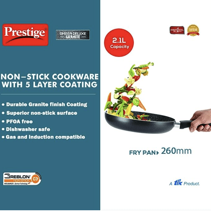 Prestige Non-Stick Omega Deluxe Granite Fry Pan with Lid | 26 Centimetre | Black | Induction Base | 5 Layer Non-Stick Cookware | Dishwasher Compatible