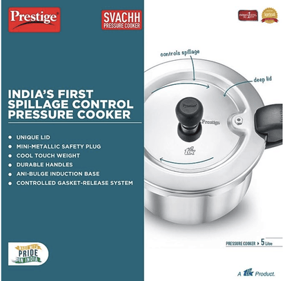 Prestige Svachh Aluminium Outer Lid Pressure Cooker, With Spillage Control, 5L, Silver