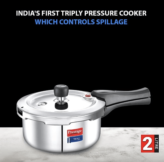 Prestige Svachh Triply Outer Lid Pressure Cooker with Unique Deep Lid for Spillage Control, 2 Litre, Silver, 304 Stainless Steel Inner Surface, Thick Gauge Aluminium