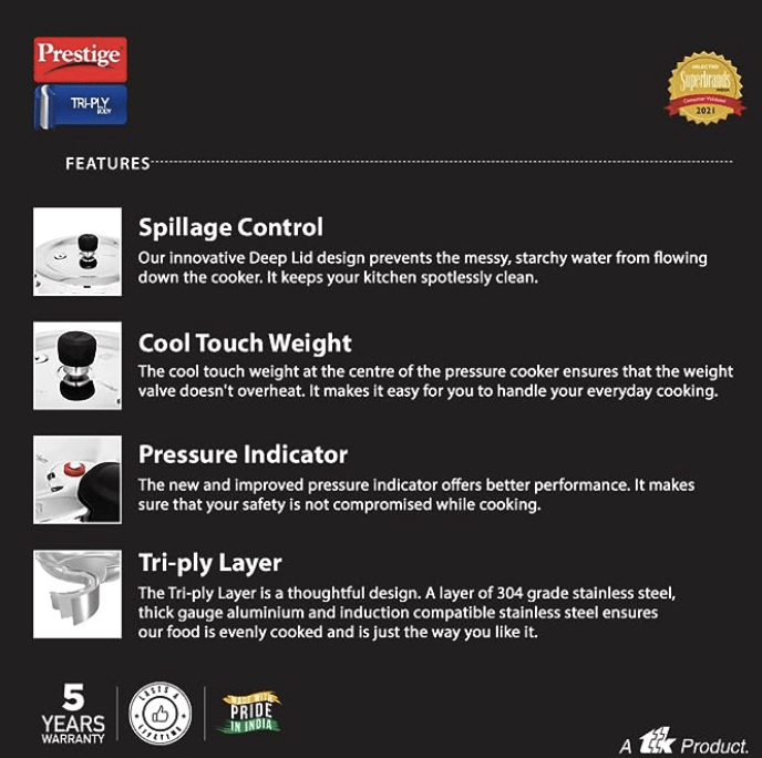 Prestige Svachh Triply Outer Lid Pressure Cooker with Unique Deep Lid for Spillage Control, 2 Litre, Silver, 304 Stainless Steel Inner Surface, Thick Gauge Aluminium