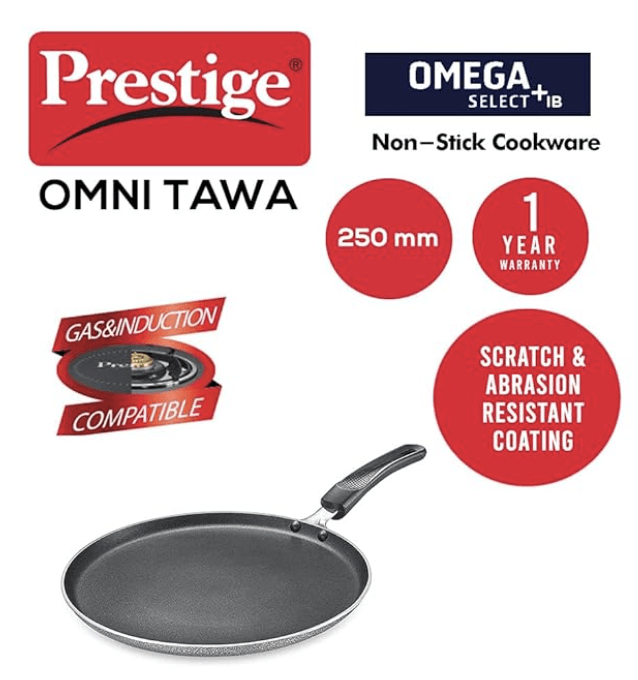 Prestige Aluminium Omega Select Plus IB Non-Stick Omni Tawa, 25 cm, Multicolour, Medium