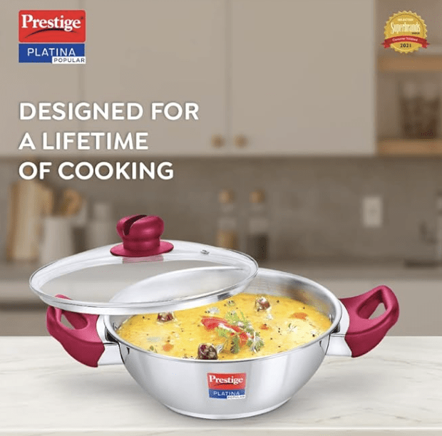 Prestige Platina Popular Stainless Steel Gas and Induction Compatible Kadai with Glass Lid, 200 mm