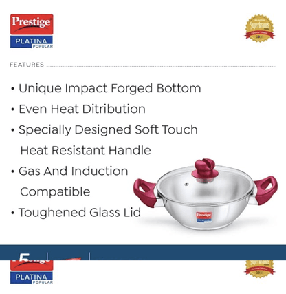 Prestige Platina Popular Stainless Steel Gas and Induction Compatible Kadai with Glass Lid, 200 mm