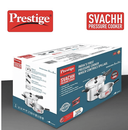 Prestige Svachh, 10783, 5 Ltr & 3 L, Aluminium Pressure Cooker Combo, With Deep Outer Lid For Spillage Control (Silver), 5 Liter
