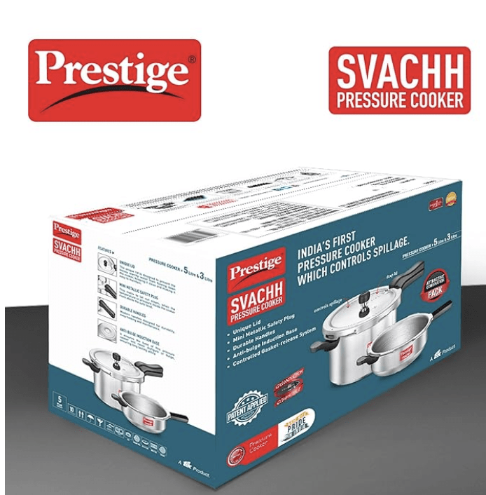 Prestige Svachh, 10783, 5 Ltr & 3 L, Aluminium Pressure Cooker Combo, With Deep Outer Lid For Spillage Control (Silver), 5 Liter-3