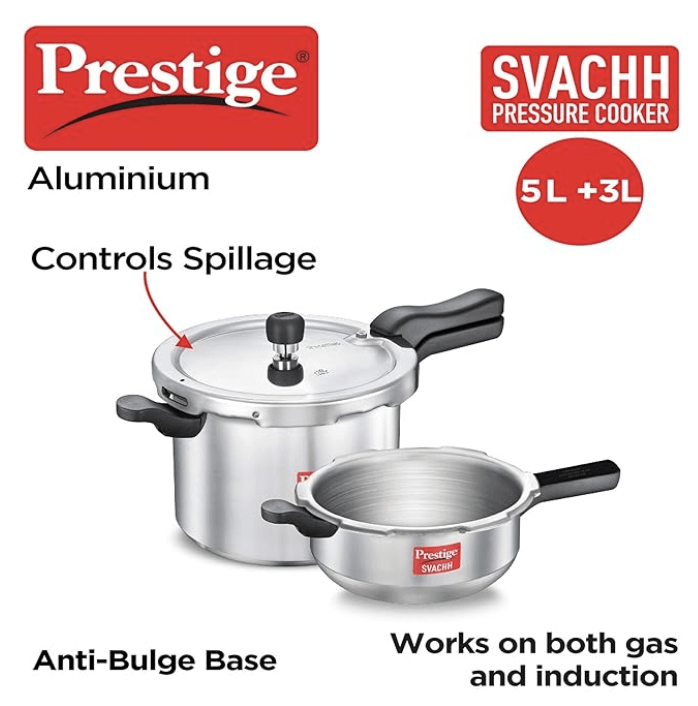 Prestige Svachh, 10783, 5 Ltr & 3 L, Aluminium Pressure Cooker Combo, With Deep Outer Lid For Spillage Control (Silver), 5 Liter