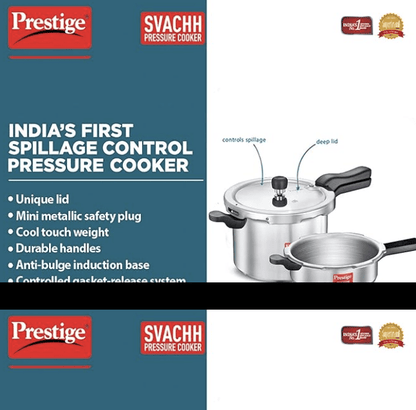 Prestige Svachh, 10783, 5 Ltr & 3 L, Aluminium Pressure Cooker Combo, With Deep Outer Lid For Spillage Control (Silver), 5 Liter