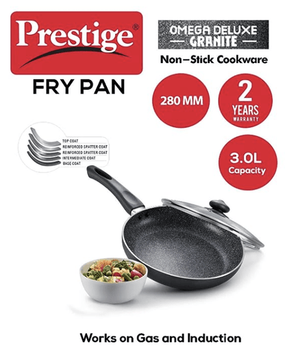 Prestige Aluminium Omega Deluxe Granite Fry Pan with Lid, 28 cm, Black (3 litres)