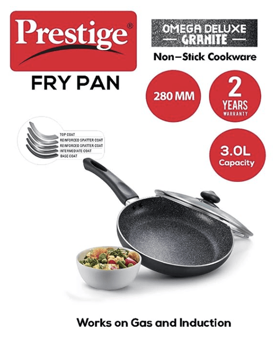 Prestige Aluminium Omega Deluxe Granite Fry Pan with Lid, 28 cm, Black (3 litres)