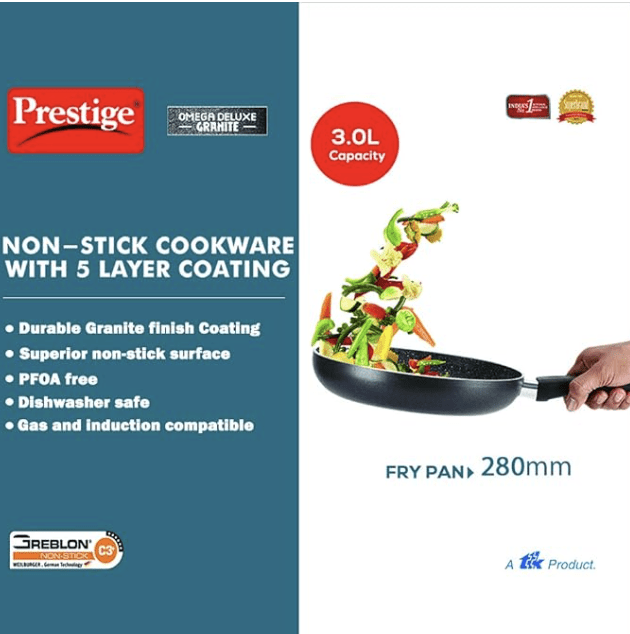 Prestige Aluminium Omega Deluxe Granite Fry Pan with Lid, 28 cm, Black (3 litres)
