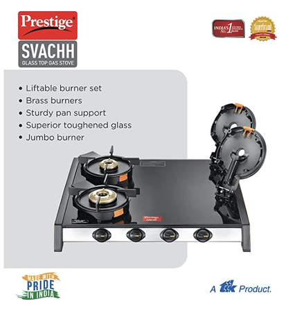 Prestige Svachh GTSV-04 Glass top LP Gas Table, 4 Burner, WiPrestige Svachh GTSV-04 Easy Clean Glass-Top 4 Brass Burner LPG Gas Table | Black | Liftable Burner Set | Sturdy Pan Support | Ergonomic Knob Design | Rubber Bottom Pads
