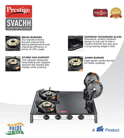 Prestige Svachh GTSV-04 Glass top LP Gas Table, 4 Burner, WiPrestige Svachh GTSV-04 Easy Clean Glass-Top 4 Brass Burner LPG Gas Table | Black | Liftable Burner Set | Sturdy Pan Support | Ergonomic Knob Design | Rubber Bottom Pads