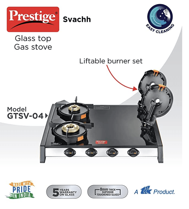 Prestige Svachh GTSV-04 Glass top LP Gas Table, 4 Burner, WiPrestige Svachh GTSV-04 Easy Clean Glass-Top 4 Brass Burner LPG Gas Table | Black | Liftable Burner Set | Sturdy Pan Support | Ergonomic Knob Design | Rubber Bottom Pads