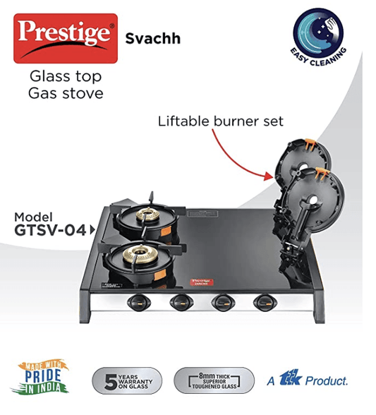 Prestige Svachh GTSV-04 Glass top LP Gas Table, 4 Burner, WiPrestige Svachh GTSV-04 Easy Clean Glass-Top 4 Brass Burner LPG Gas Table | Black | Liftable Burner Set | Sturdy Pan Support | Ergonomic Knob Design | Rubber Bottom Pads