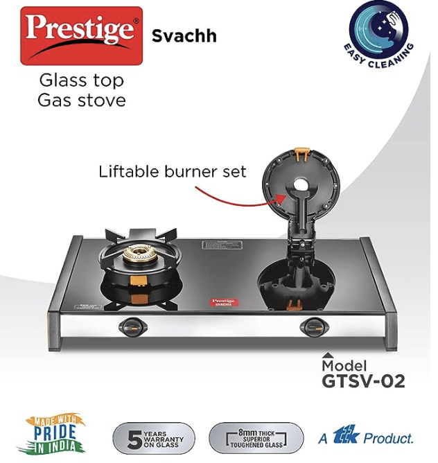 Prestige Svachh GTSV-02 Easy Clean Glass-Top 2 Brass Burner LPG Gas Table | Black | Liftable Burner Set | Sturdy Pan Support | Ergonomic Knob Design | Rubber Bottom Pads