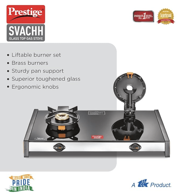 Prestige Svachh GTSV-02 Easy Clean Glass-Top 2 Brass Burner LPG Gas Table | Black | Liftable Burner Set | Sturdy Pan Support | Ergonomic Knob Design | Rubber Bottom Pads-3