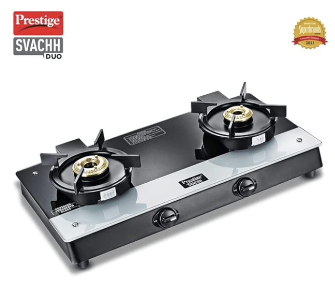 Prestige Svachh Duo GTSD 02 Toughened Glass with Liftable 2 Burners Gas Stove, Black, Manual Ignition